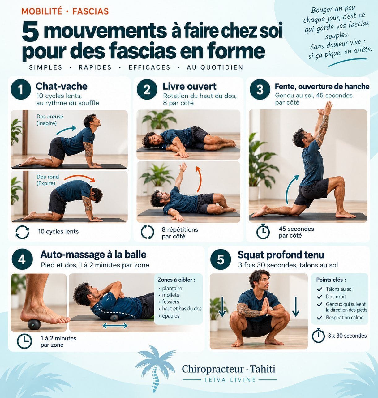 Infographie des 5 mouvements de mobilité des fascias à faire chez soi : chat-vache, livre ouvert, fente, auto-massage à la balle et squat profond